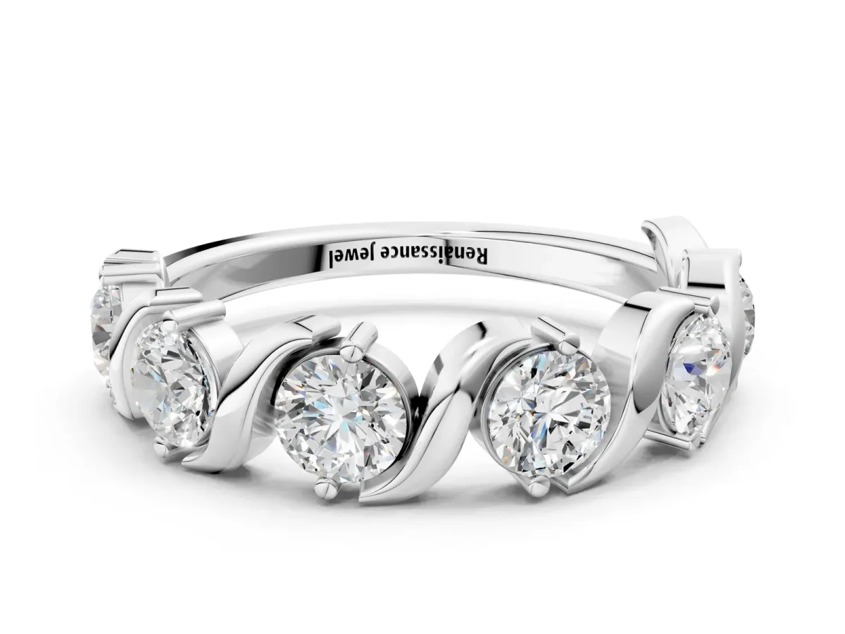 Six-Stone Round Diamond Wave Band with Shared Prong Setting White gold