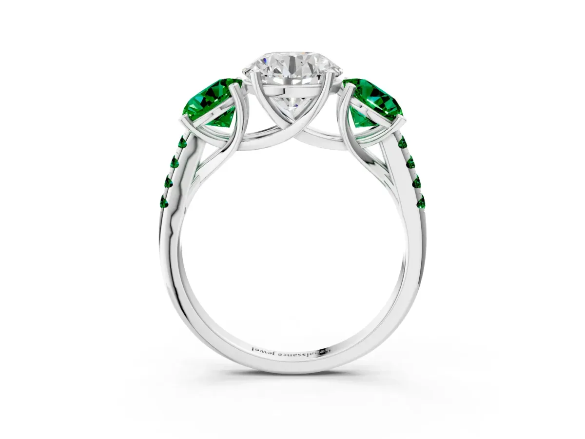 Three-Stone Round Cut Diamond Ring with Round Emerald Pavé Band and Prong Setting White gold