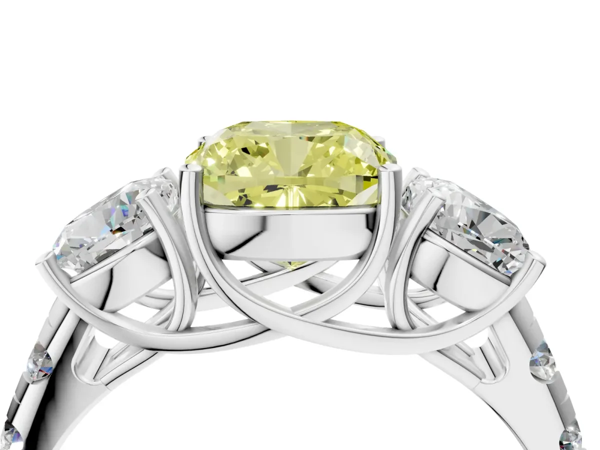 Fancy Yellow Three-Stone Cushion Cut Diamond Pavé Band with Prong Setting Platinum
