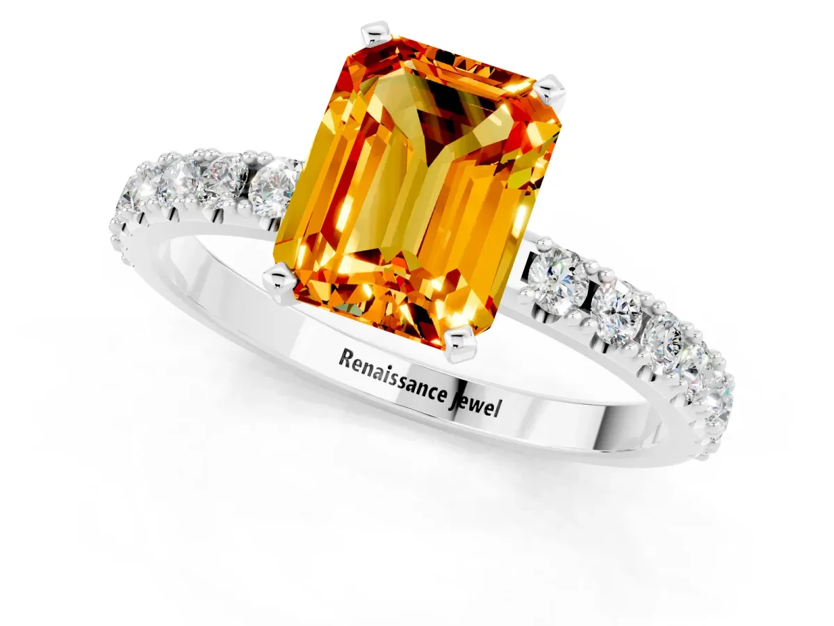 Emerald Cut Citrine Solitaire Pavé Band with Four-Prong Setting Platinum
