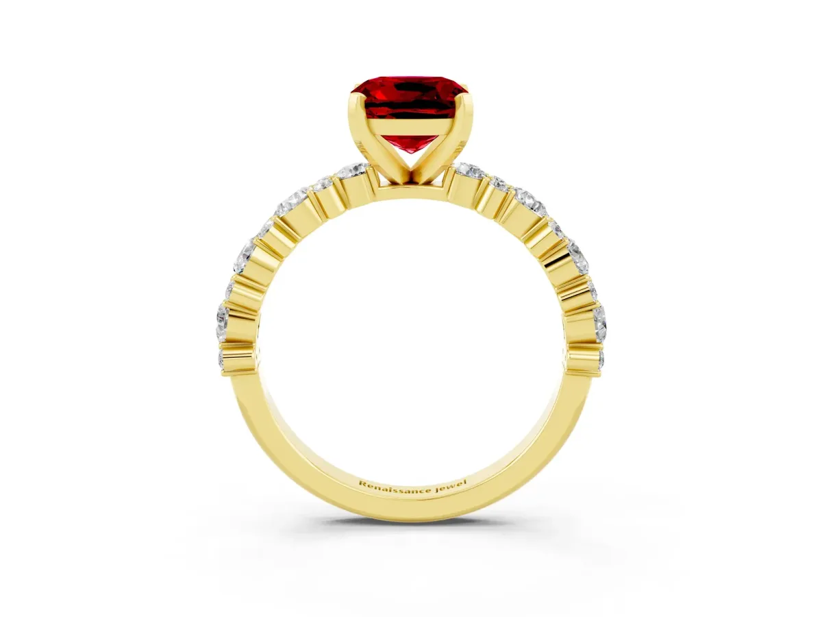 Cushion Cut Ruby Side Stone Solitaire Ring with Round and Four-Prong Setting Yellow gold