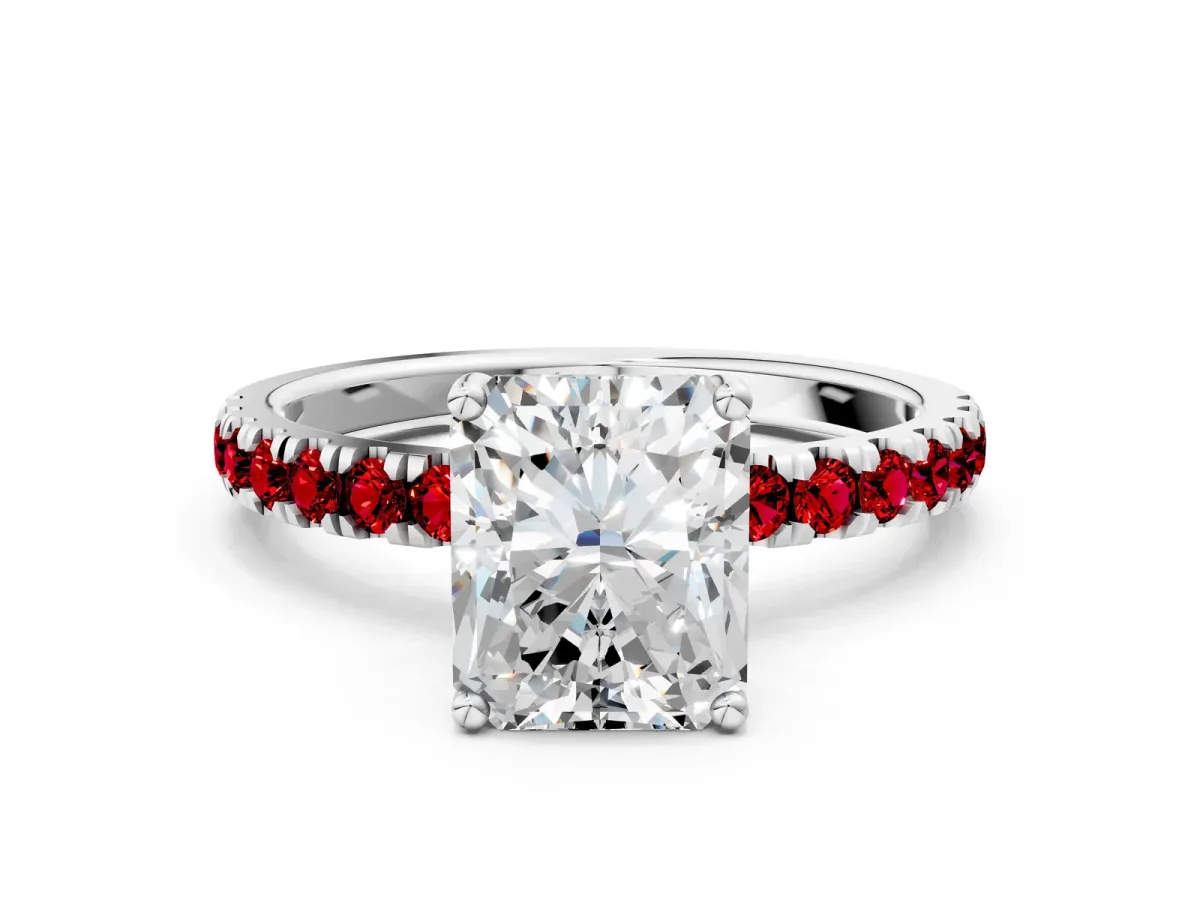 Radiant Cut Diamond Pave Band Solitaire Ring with Round Ruby and Prong Setting White gold