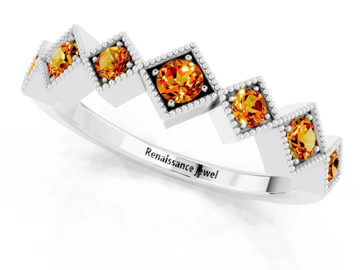 Milgrain Square Bezel Round Citrine Chevron Band Platinum