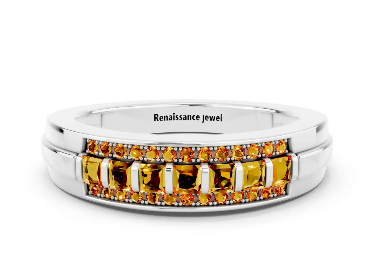 Bar-Set Princess Cut Citrine Pavé Band Platinum