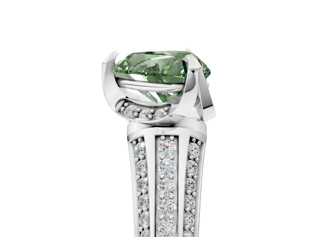 Fancy Green Heart Cut Solitaire Pave Split Shank Ring with Four-Prong Setting Platinum