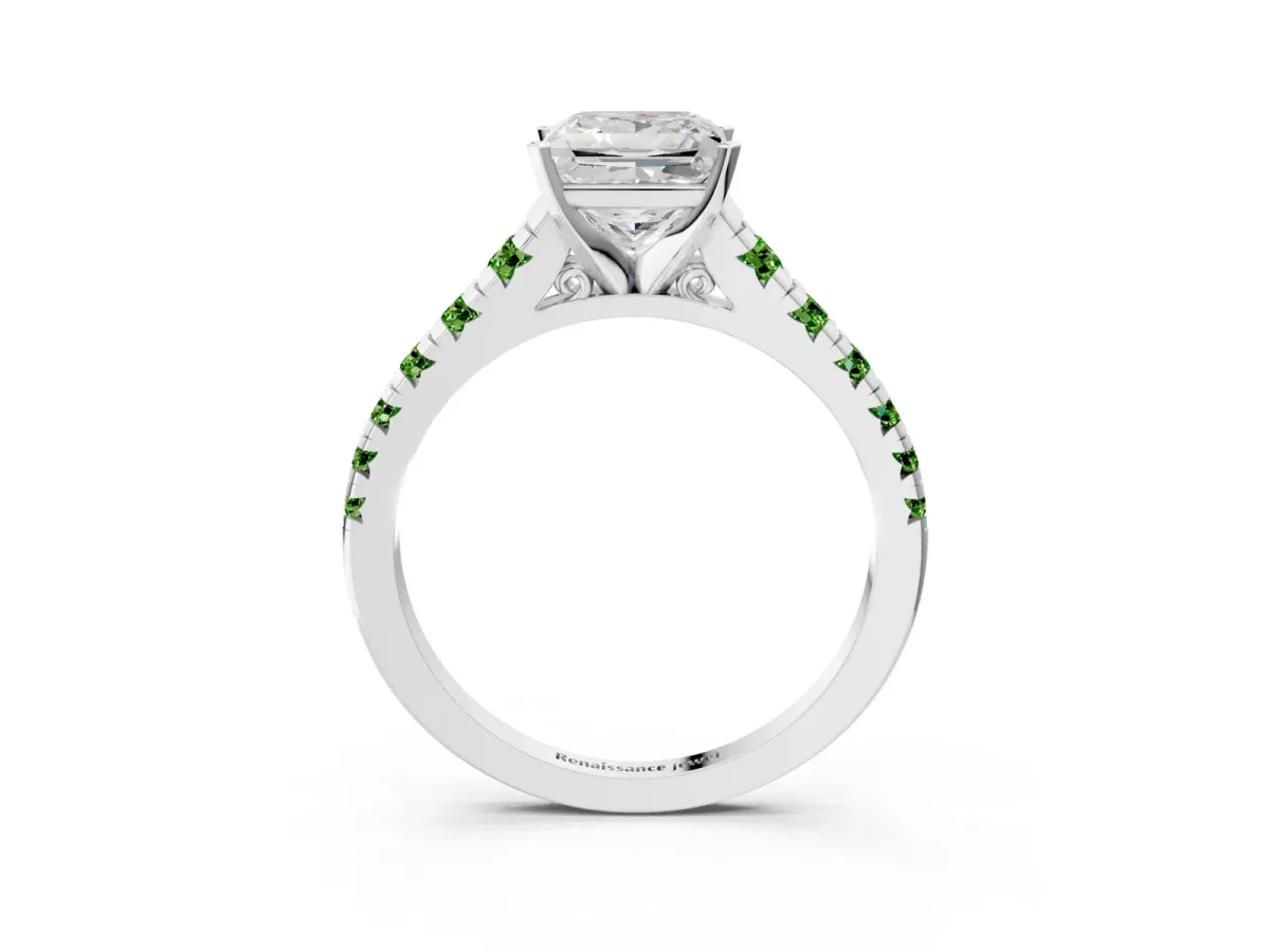 Princess Cut Diamond Cathedral Solitaire Ring with Round Peridot Pavé Band Silver