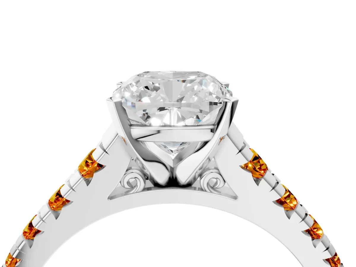 Cushion Cut Diamond Cathedral Solitaire Ring with Round Citrine Pavé Band Silver