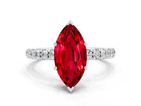 Marquise Cut Ruby Pave Band Solitaire Ring with Round and Prong Setting White gold