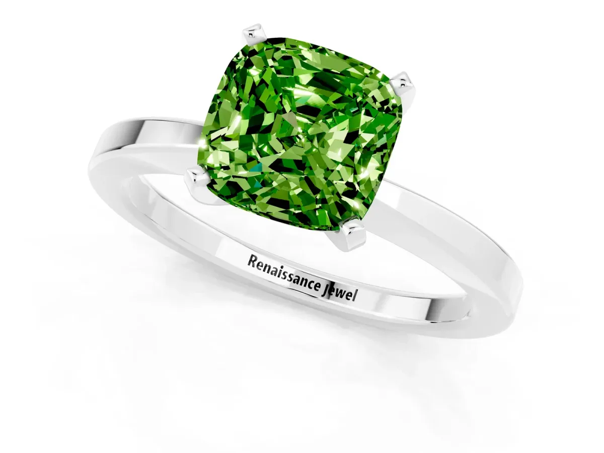 Cushion Cut Peridot Solitaire Engagement Ring with Classic Band and Four-Prong Setting Silver