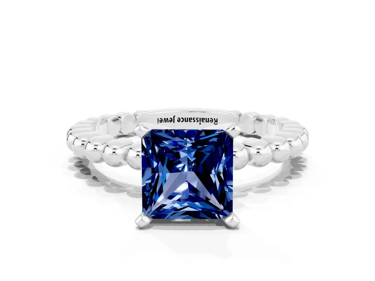 Princess Cut Blue Sapphire Solitaire Ring with Beaded Band and Prong Setting Platinum