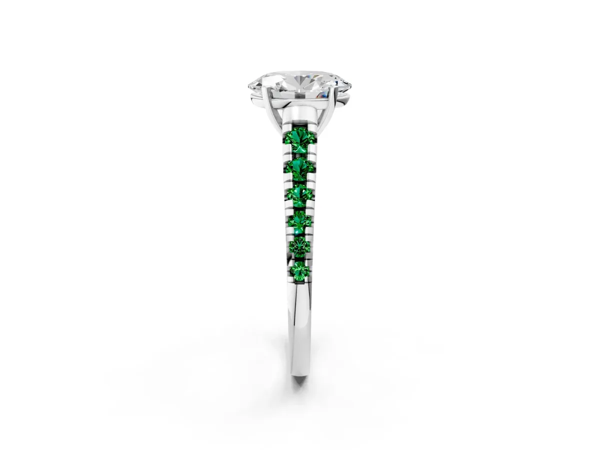 Oval Cut Diamond Cathedral Solitaire Ring with Round Emerald Pavé Band Platinum
