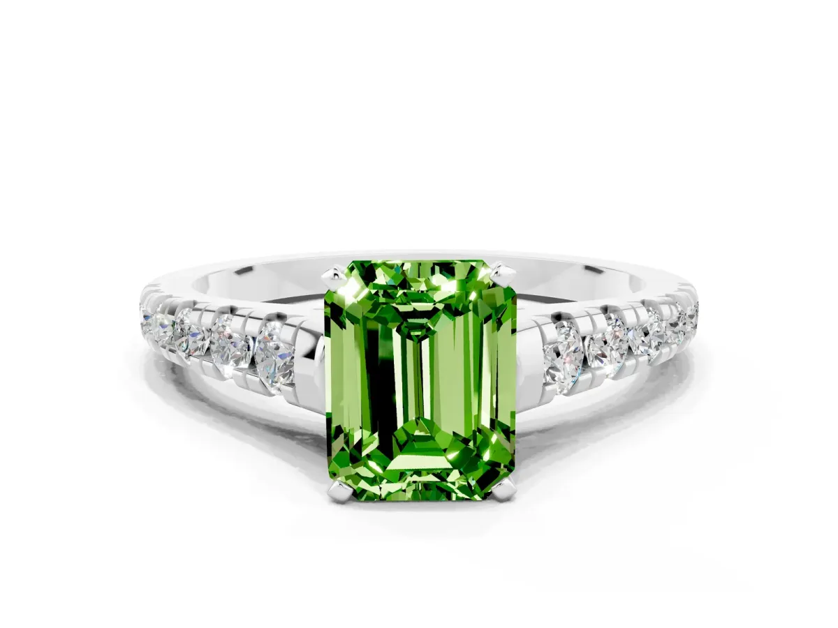 Emerald Cut Peridot Cathedral Solitaire Ring with Round Pavé Band Silver