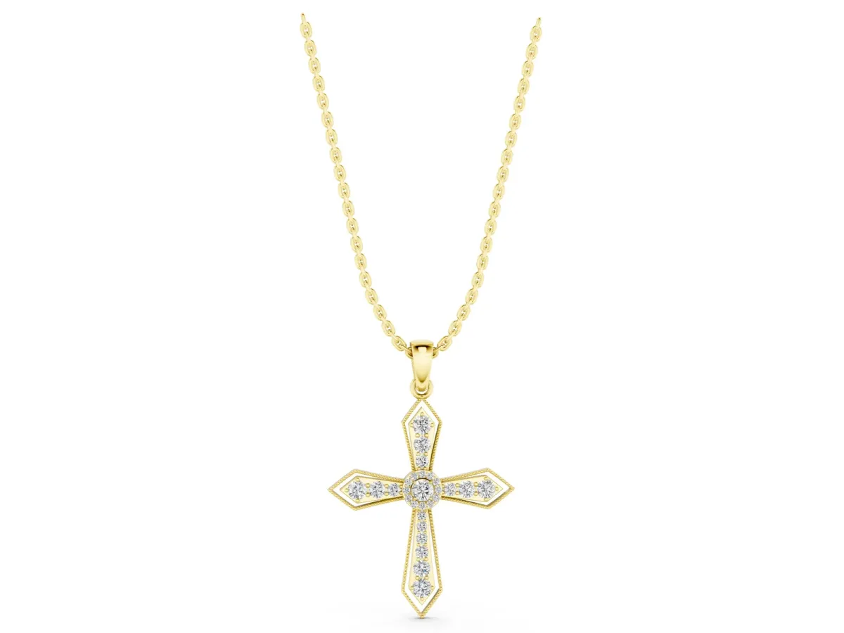 Round Diamond Milgrain Cross Pendant with Bezel Setting Yellow gold