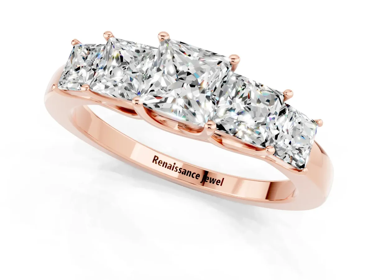 Princess Cut Five-Stone Moissanite Ring with Classic Prong Setting Rose gold