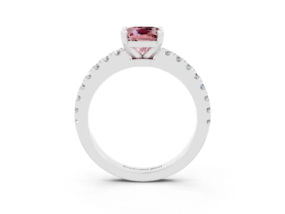 Cushion Cut Solitaire Morganite with Pavé Band and Four-Prong Setting Silver