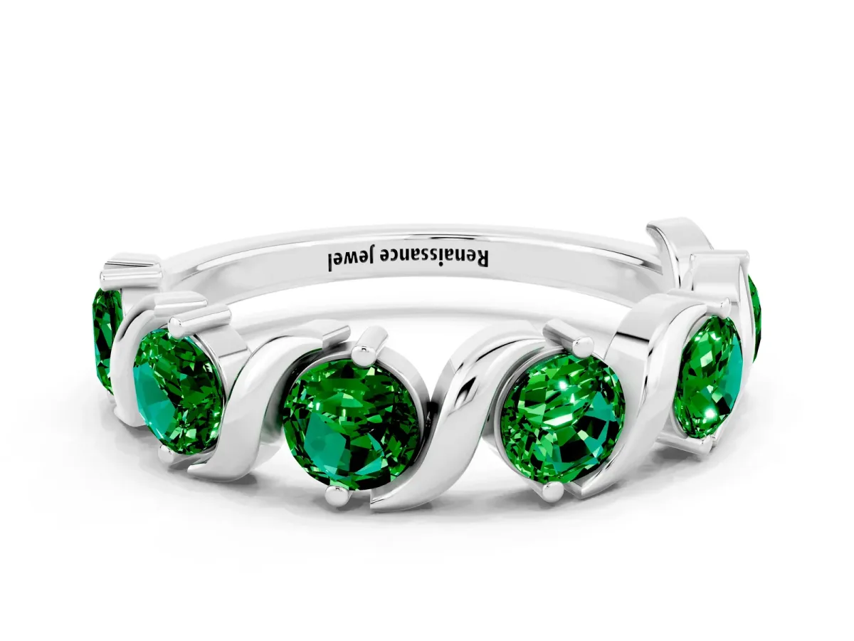 Six-Stone Round Emerald Wave Band with Shared Prong Setting Silver