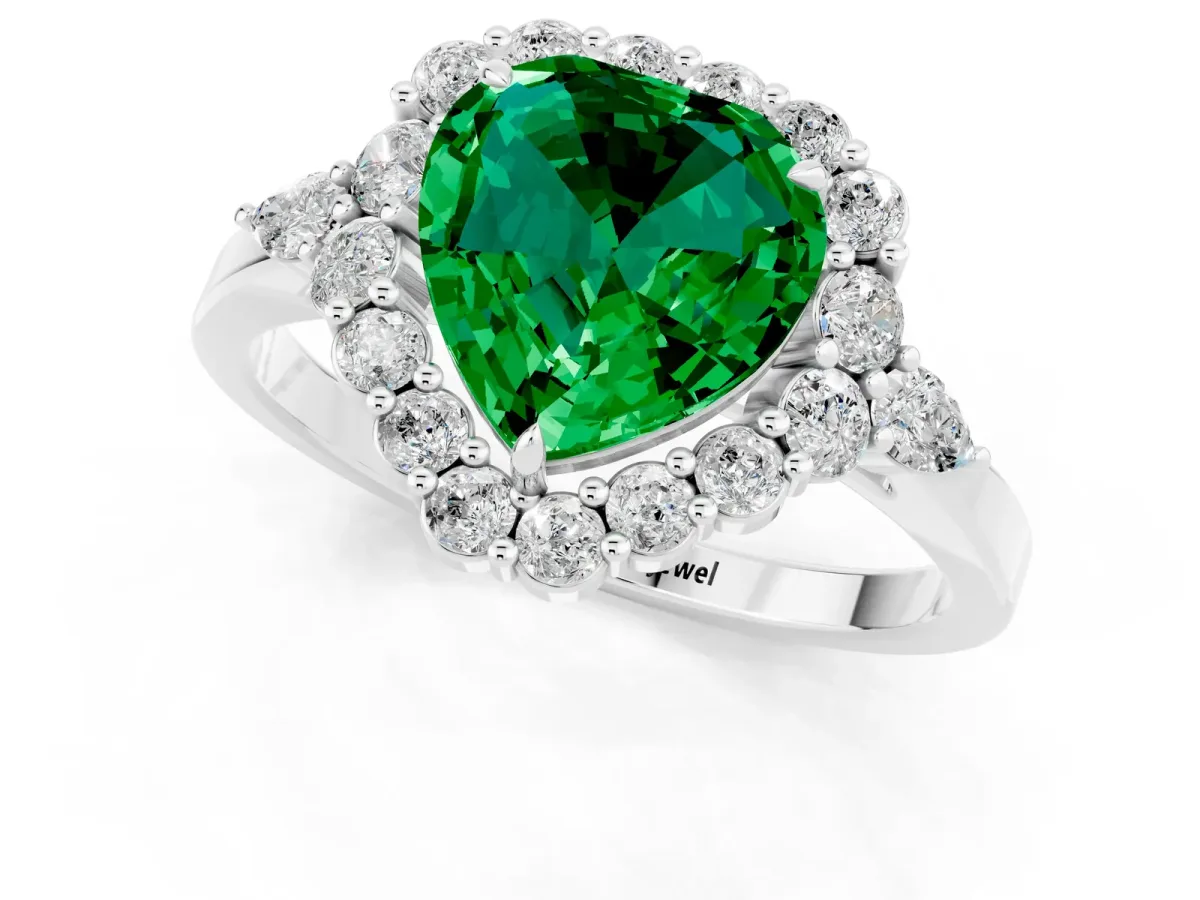Heart Cut Emerald Halo Ring with Pear Side Stones and Prong Setting Silver