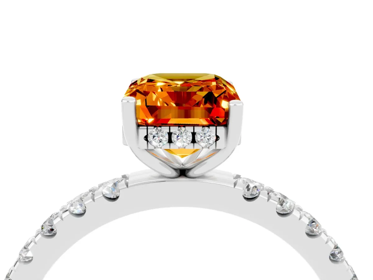 Emerald Cut Citrine Pave Band Solitaire Ring with Round and Prong Setting Platinum