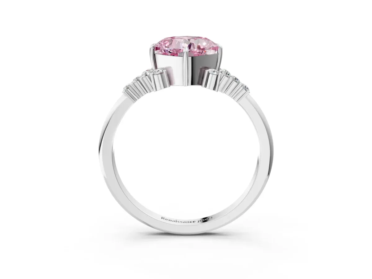 Fancy Pink Cushion Cut Diamond Ring with Side Stones and Four-Prong Setting Silver