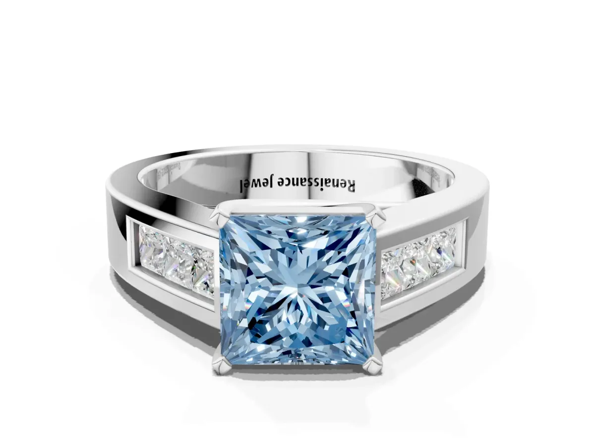 Fancy Blue Princess Cut Cut Channel Set Solitaire Ring with Four-Prong Setting Platinum