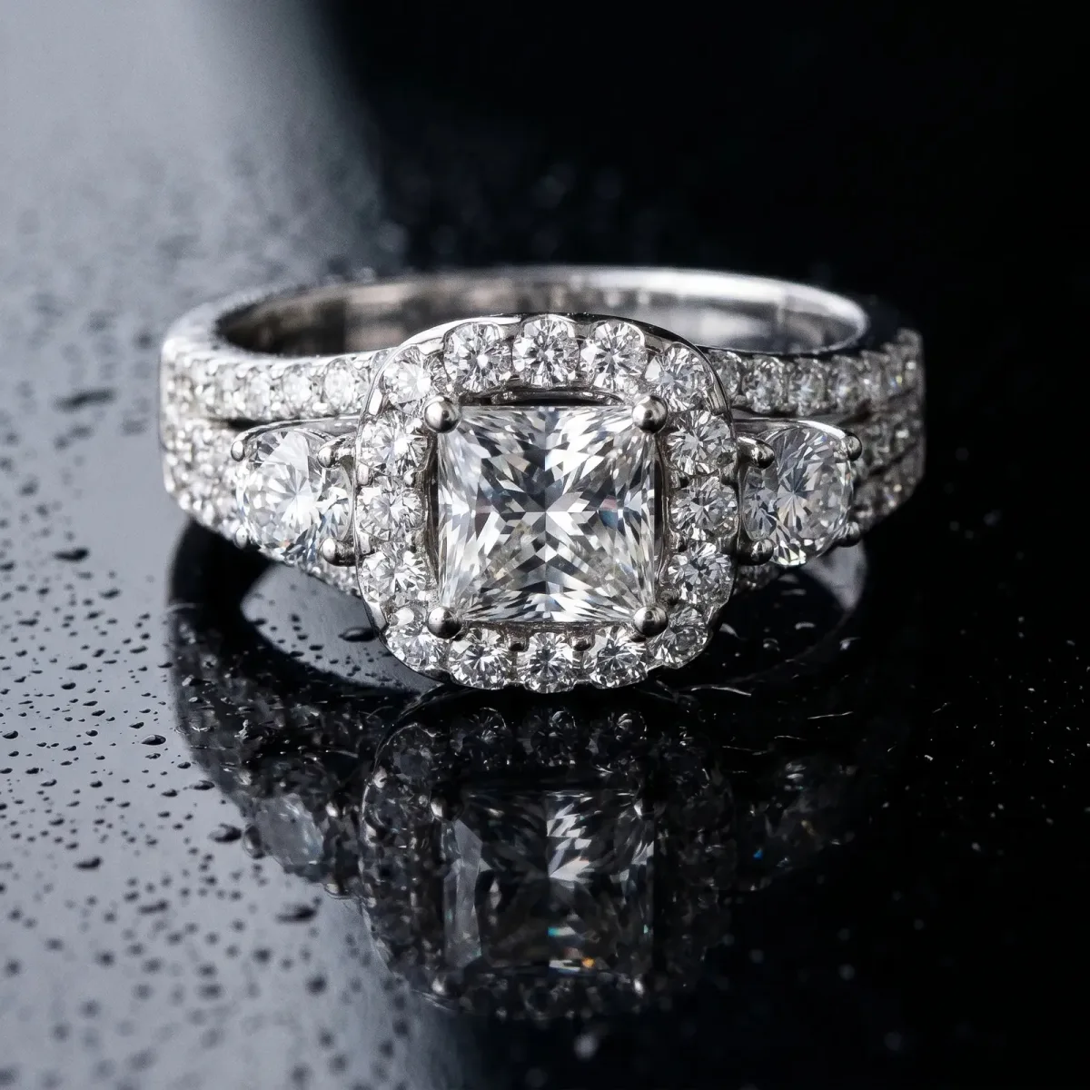 Halo Princess Cut Cut Split Shank Diamond Ring with Four-Prong Setting Silver