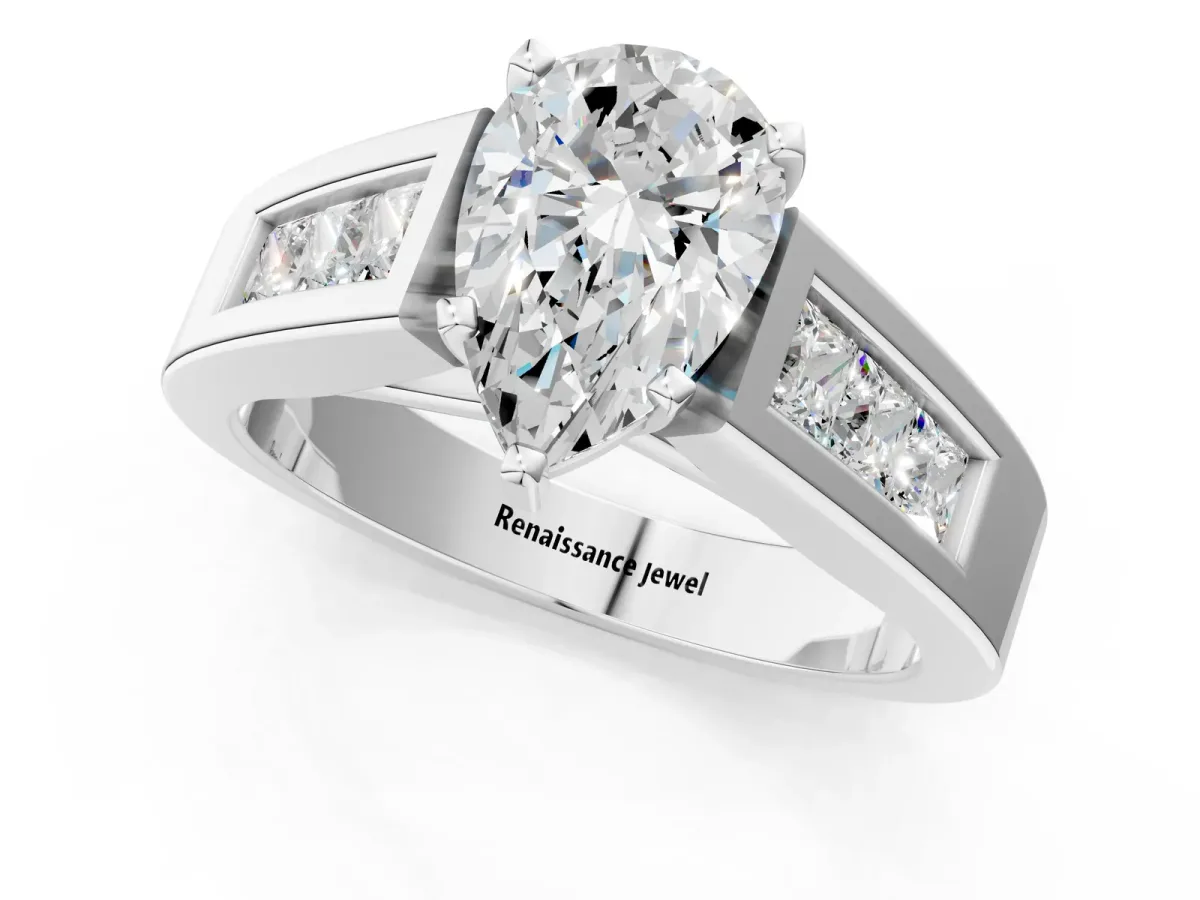 Pear Cut Cut Channel Set Solitaire Ring with Four-Prong Setting Platinum