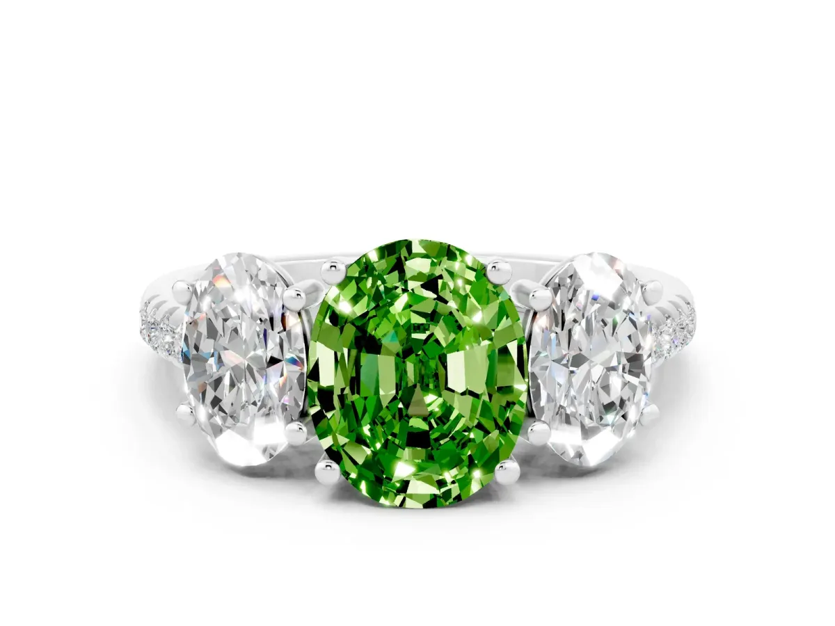 Three-Stone Oval Cut Peridot Ring with Round Pavé Band and Prong Setting Silver