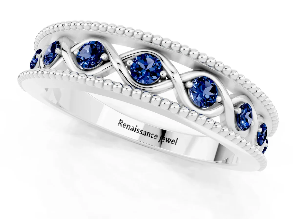 Round Blue Sapphire Twist Milgrain Band with Bezel Setting Platinum