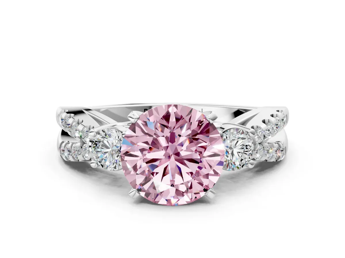 Fancy Pink Round Cut Diamond Three-Stone Ring with Pavé Split Shank and Four-Prong Setting Silver