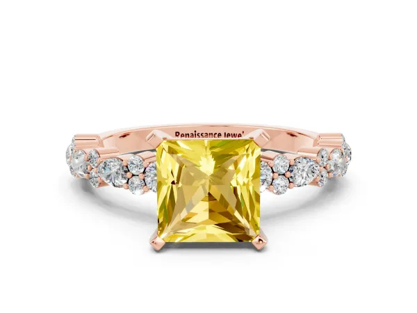 Princess Cut Yellow Sapphire Side Stone Solitaire Ring with Round and Four-Prong Setting Rose gold