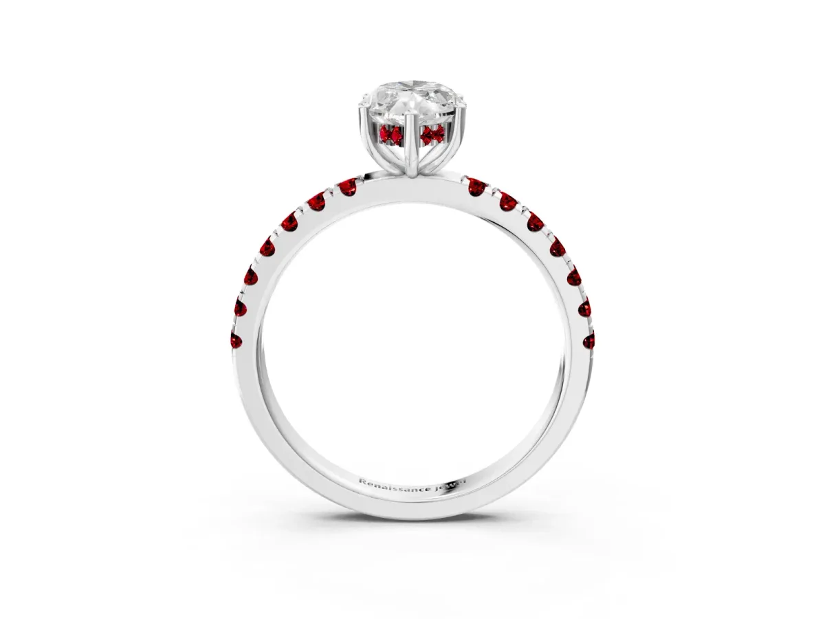 Marquise Cut Diamond Pave Band Solitaire Ring with Round Ruby and Prong Setting White gold
