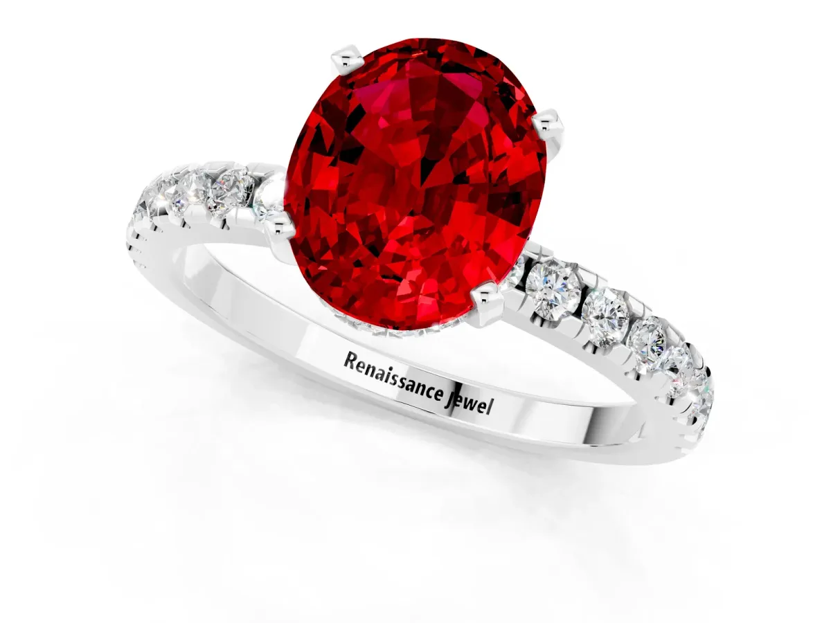 Oval Cut Ruby Solitaire Ring with Round Pavé Band and Four-Prong Setting Silver