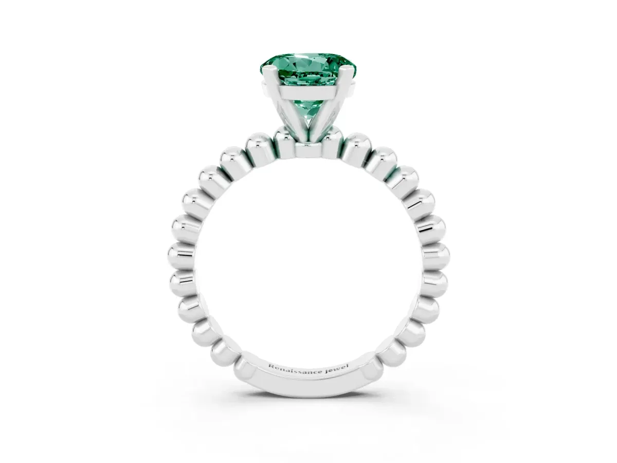 Round Cut Green Sapphire Solitaire Ring with Beaded Band and Prong Setting Platinum