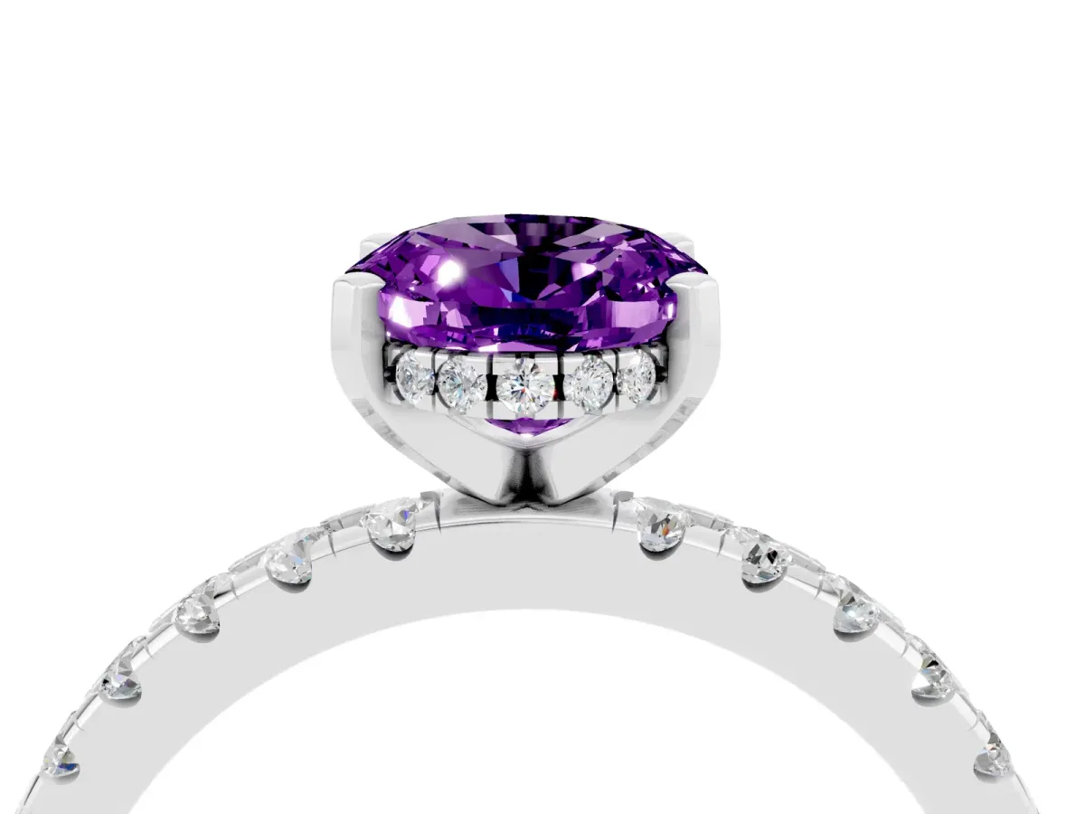 Oval Cut Amethyst Solitaire Ring with Round Pavé Band and Four-Prong Setting Platinum