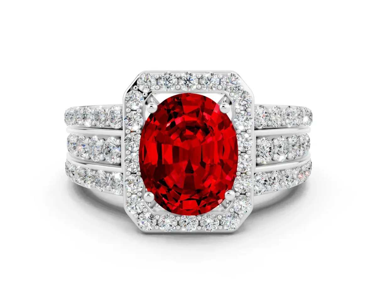 Oval Cut Halo Ruby Ring with Round Split Shank and Prong Setting Silver