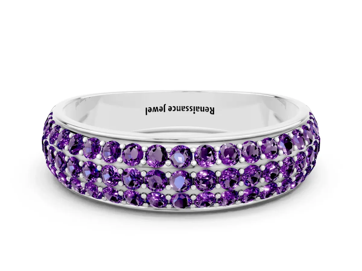 Three-Row Round Amethyst Eternity Band with Shared Prong Setting White gold