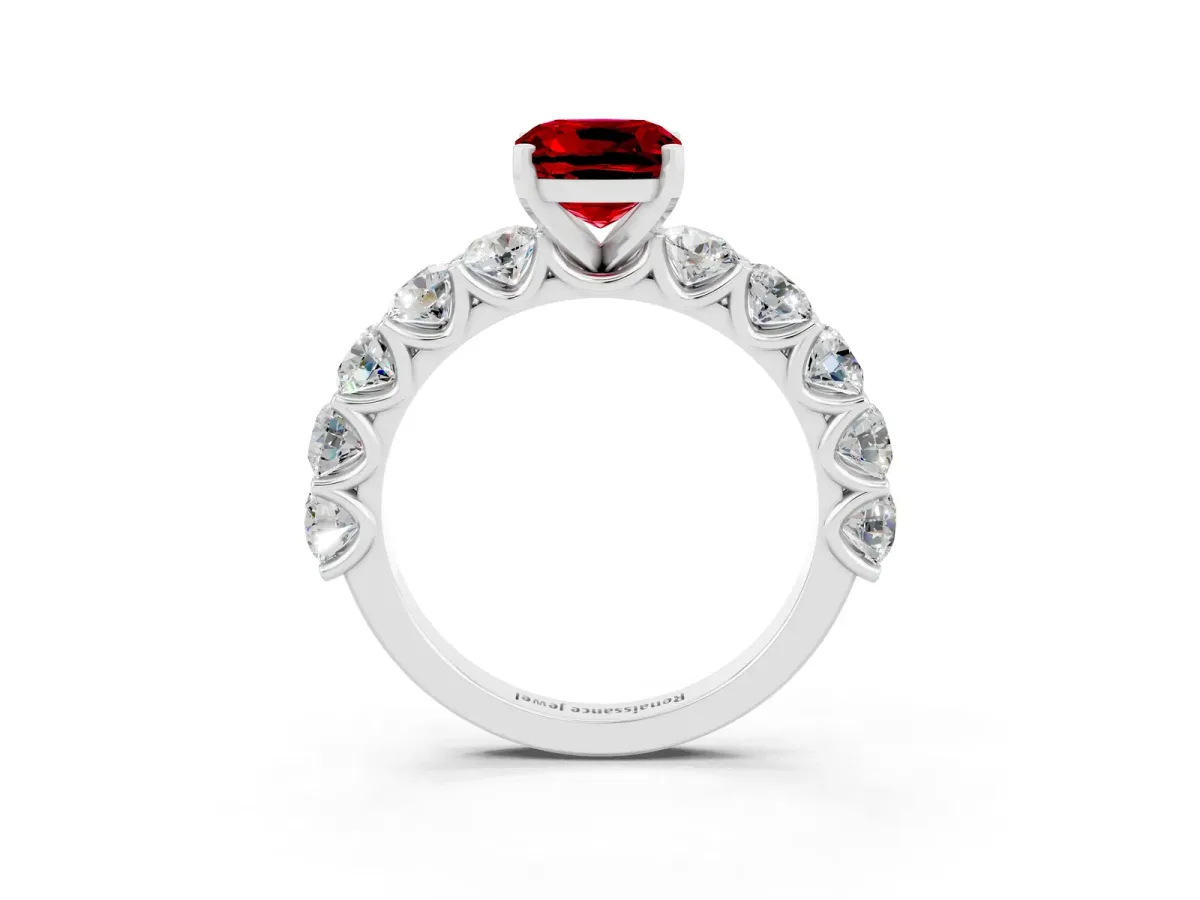 Cushion Cut Ruby Prong Setting with Side Stones on a Pave Band Silver