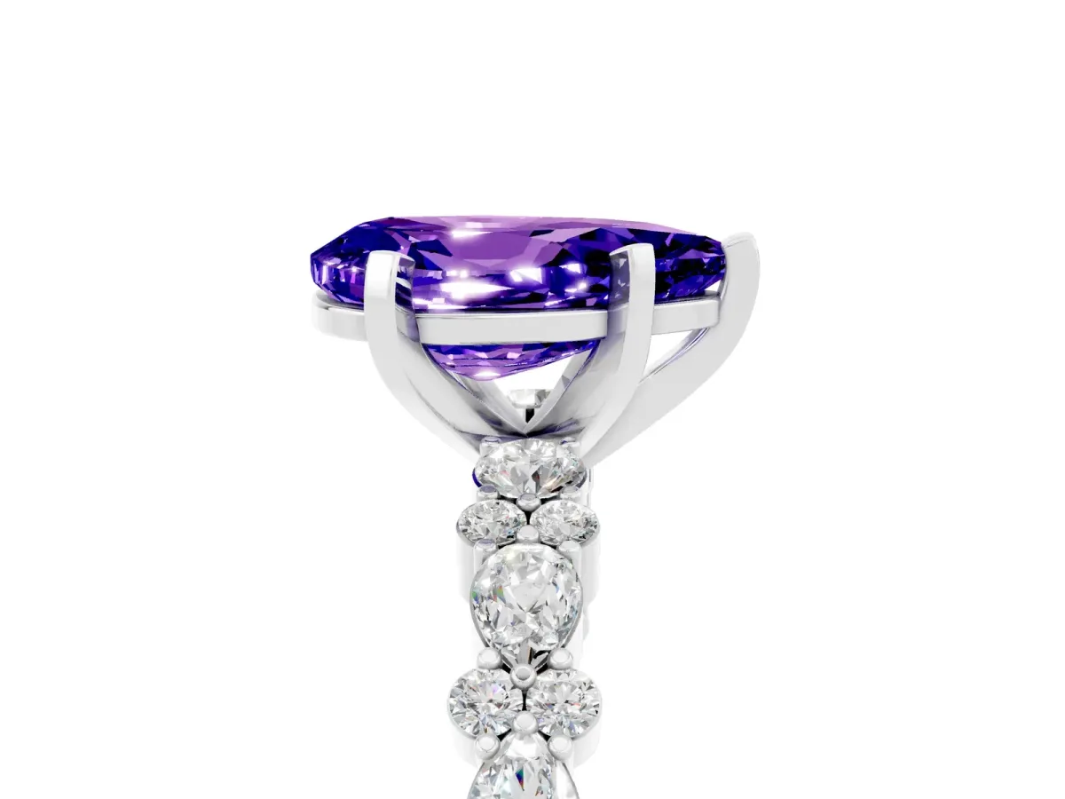 Pear Cut Tanzanite Side Stone Solitaire Ring with Round and Four-Prong Setting White gold