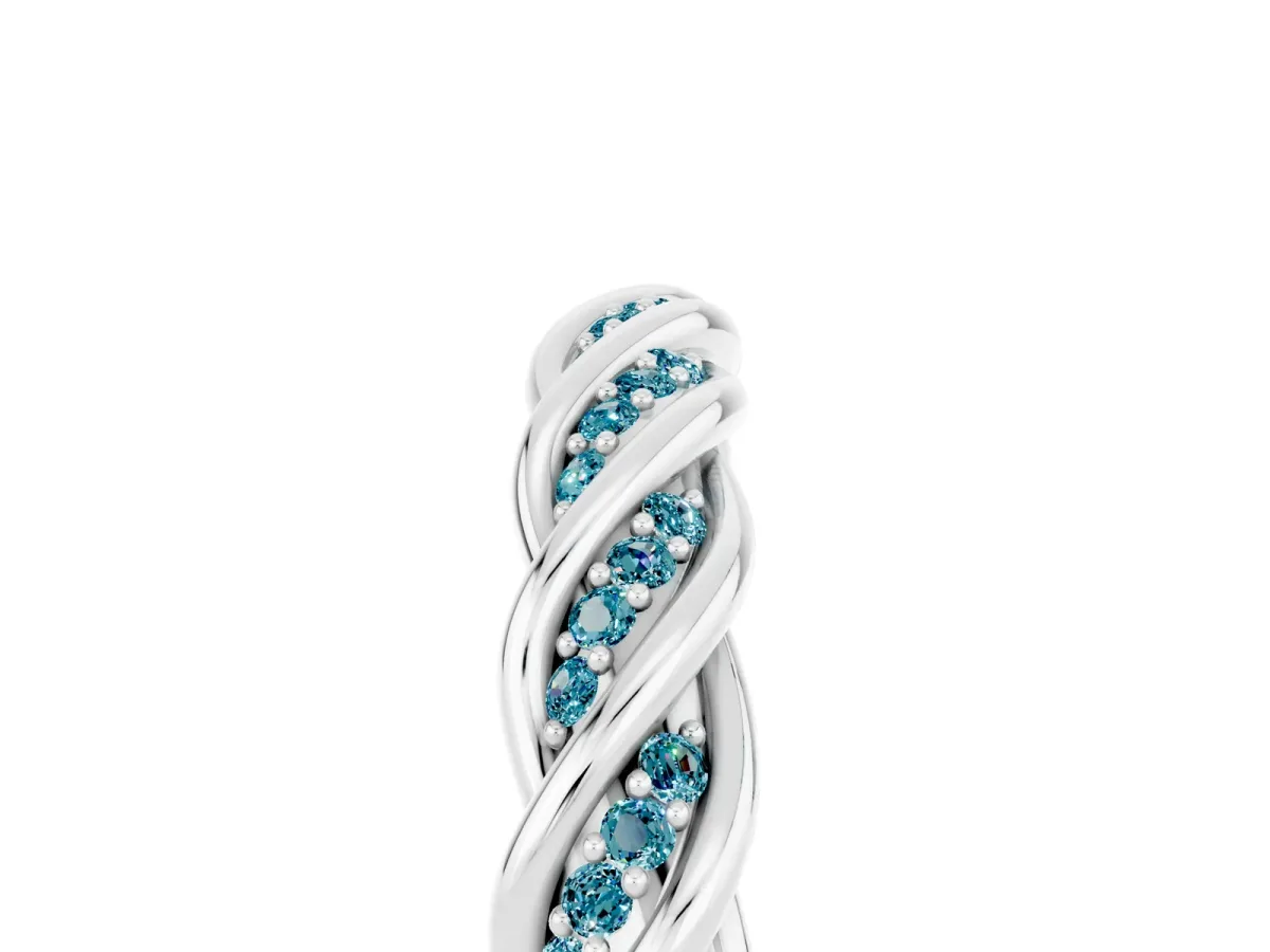 Twisted Pavé Round Blue Topaz Eternity Band with Shared Prong Setting White gold