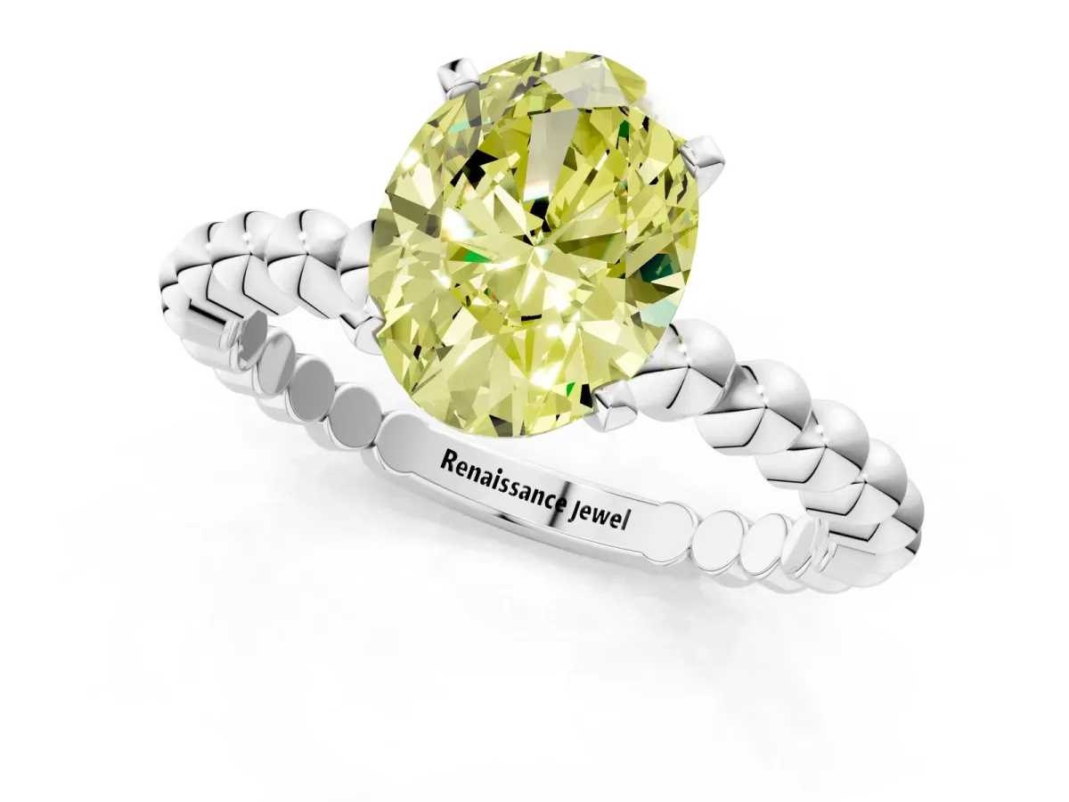 Fancy Yellow Oval Cut Diamond Solitaire Ring with Beaded Band and Prong Setting Silver