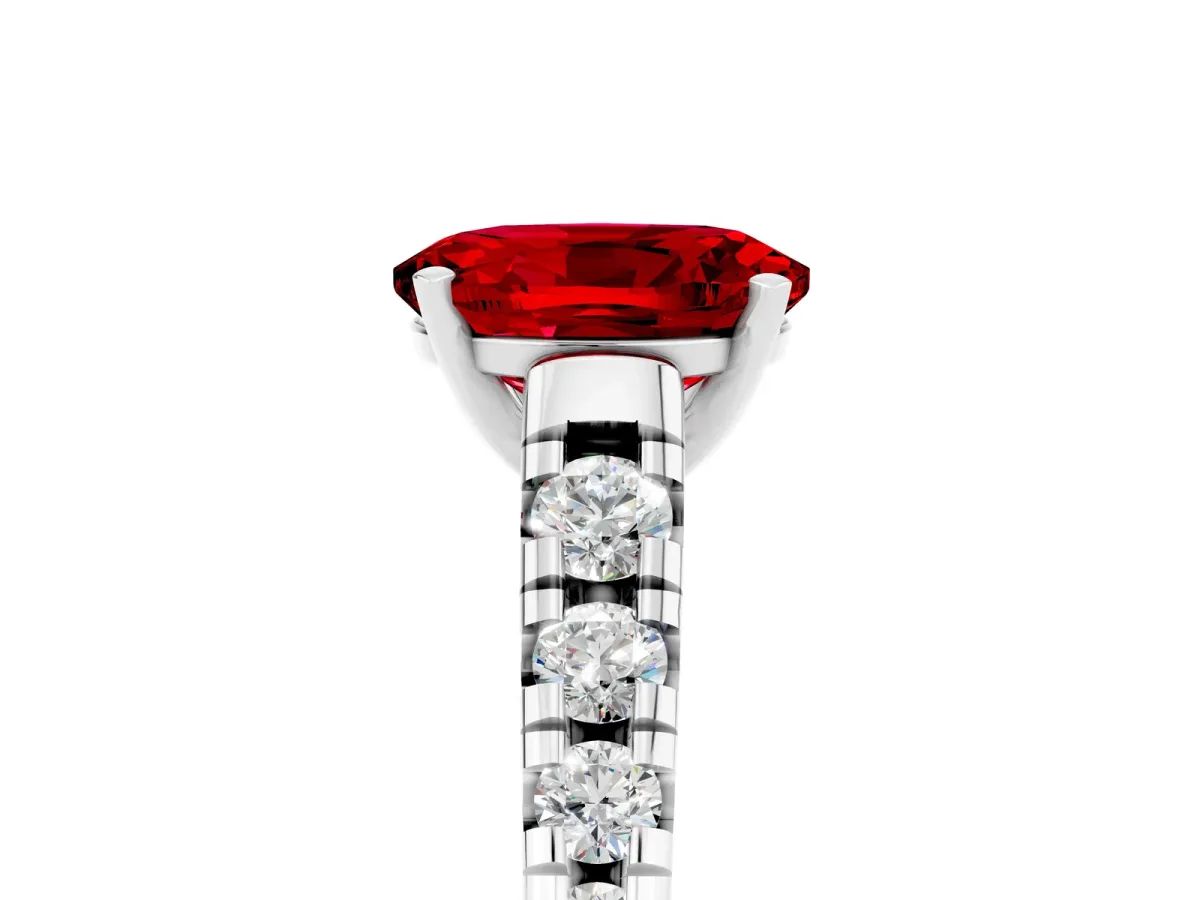 Oval Cut Ruby Cathedral Solitaire Ring with Round Pavé Band Silver