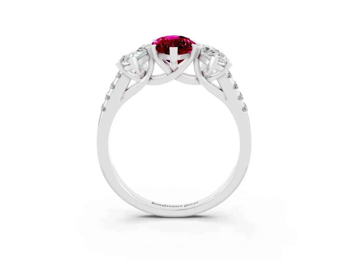 Three-Stone Marquise Cut Garnet Ring with Round Pavé Band and Prong Setting Silver