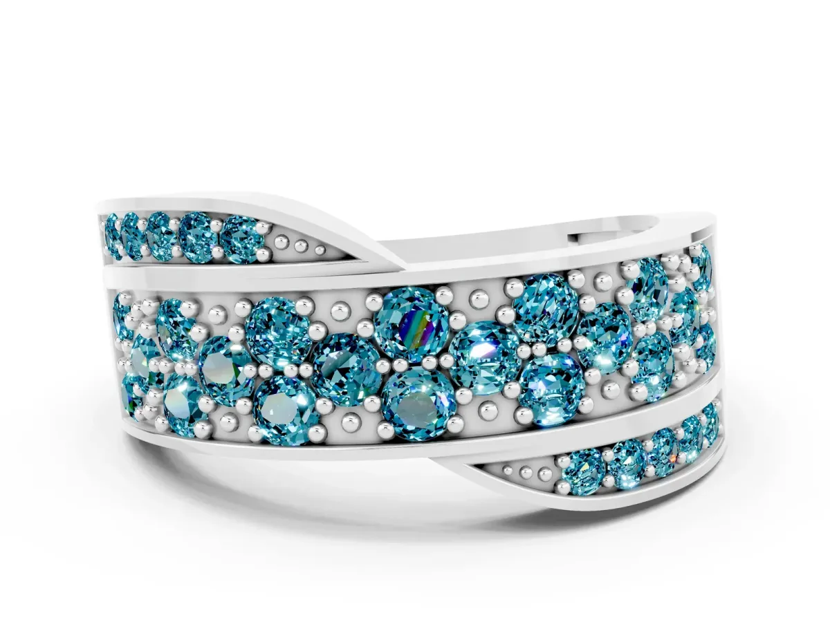 Pavé Round Blue Topaz Crossover Band with Bead Prong Setting White gold