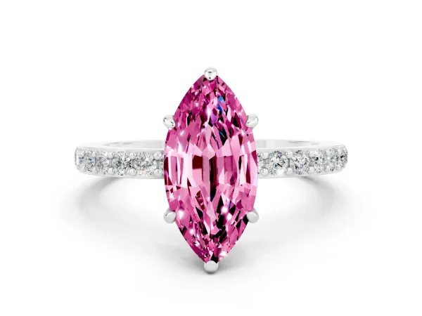 Marquise Cut Pink Sapphire Solitaire Engagement Ring with Pavé Band and Four-Prong Setting Platinum