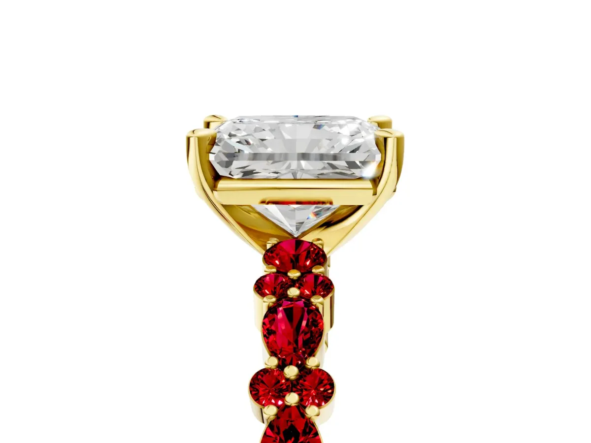 Radiant Cut Diamond Side Stone Solitaire Ring with Round Ruby and Four-Prong Setting Yellow gold