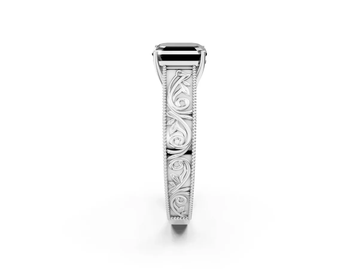Fancy Black Asscher Cut Diamond Solitaire Ring with Engraved Band and Four-Prong Setting Platinum