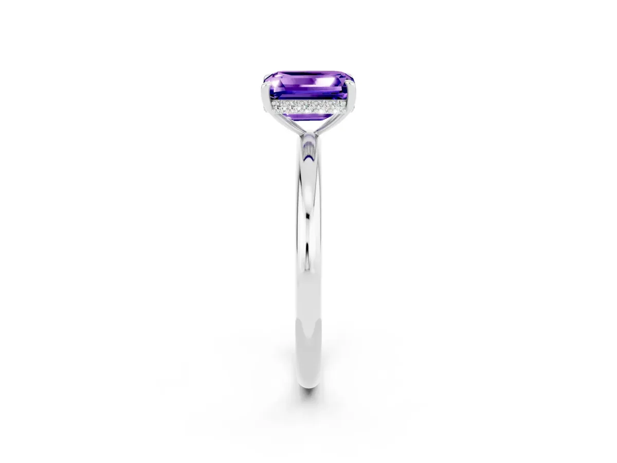 Emerald Cut Tanzanite Solitaire Ring with Thin Band and Four-Prong Setting Platinum