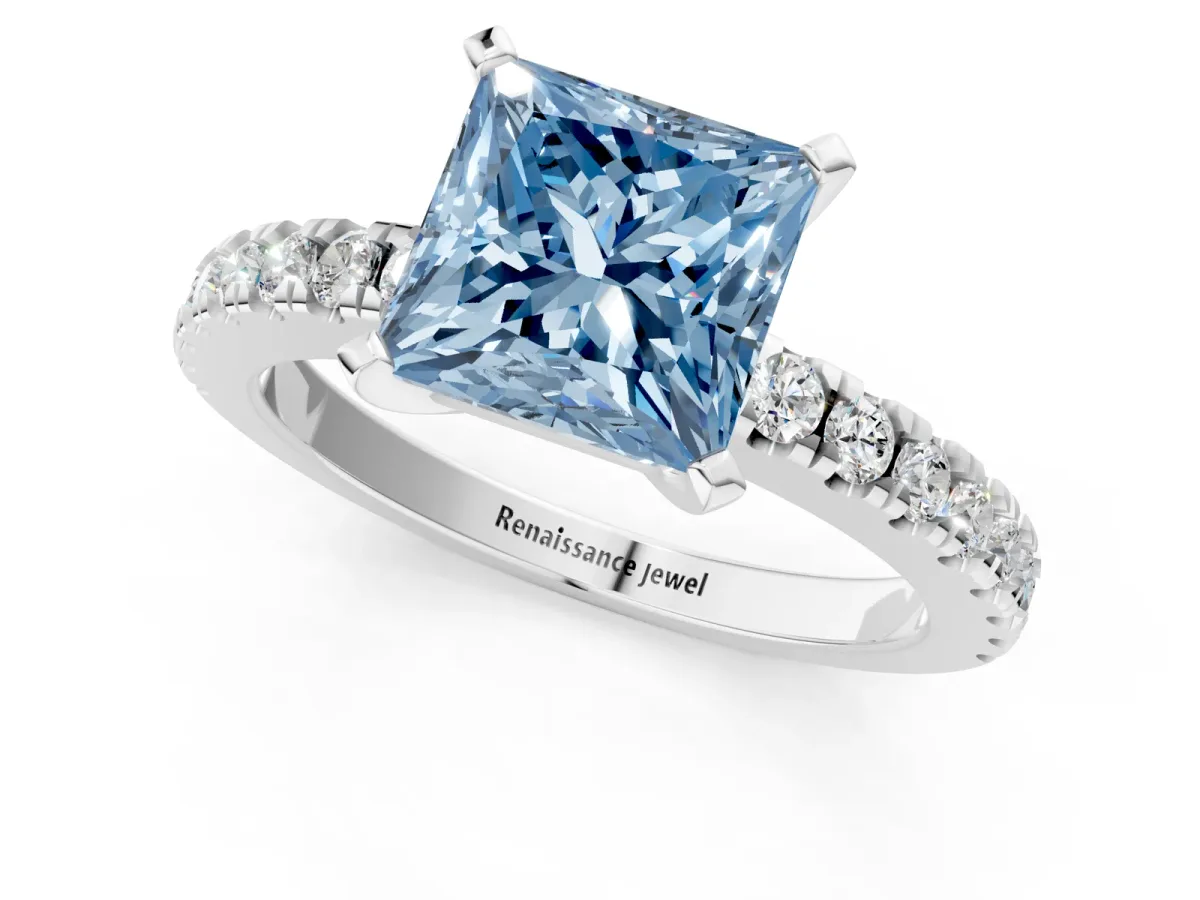 Fancy Blue Princess Cut Solitaire Diamond with Pavé Band and Four-Prong Setting Silver