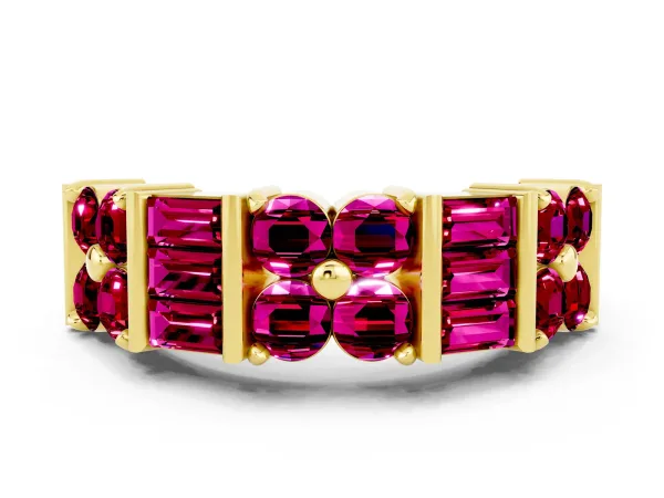 Channel Set Round and Baguette Garnet Anniversary Band with Prong Setting Yellow gold