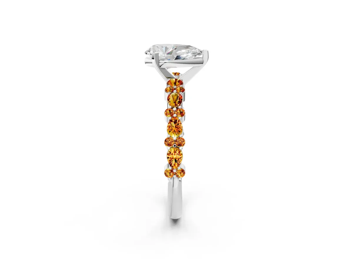 Pear Cut Diamond Side Stone Solitaire Ring with Round Citrine and Four-Prong Setting White gold